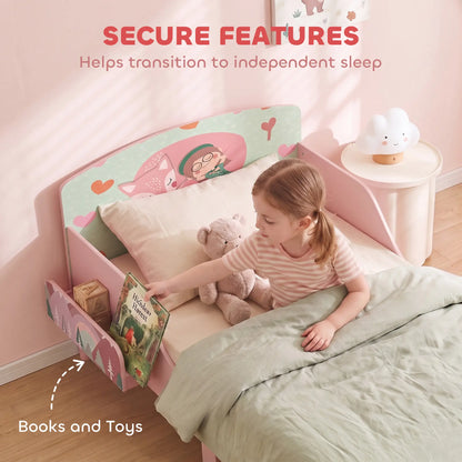 Toddler Bed, Bedside Storage, Guard Rails, 132x70x10cm, Pink Fox Print