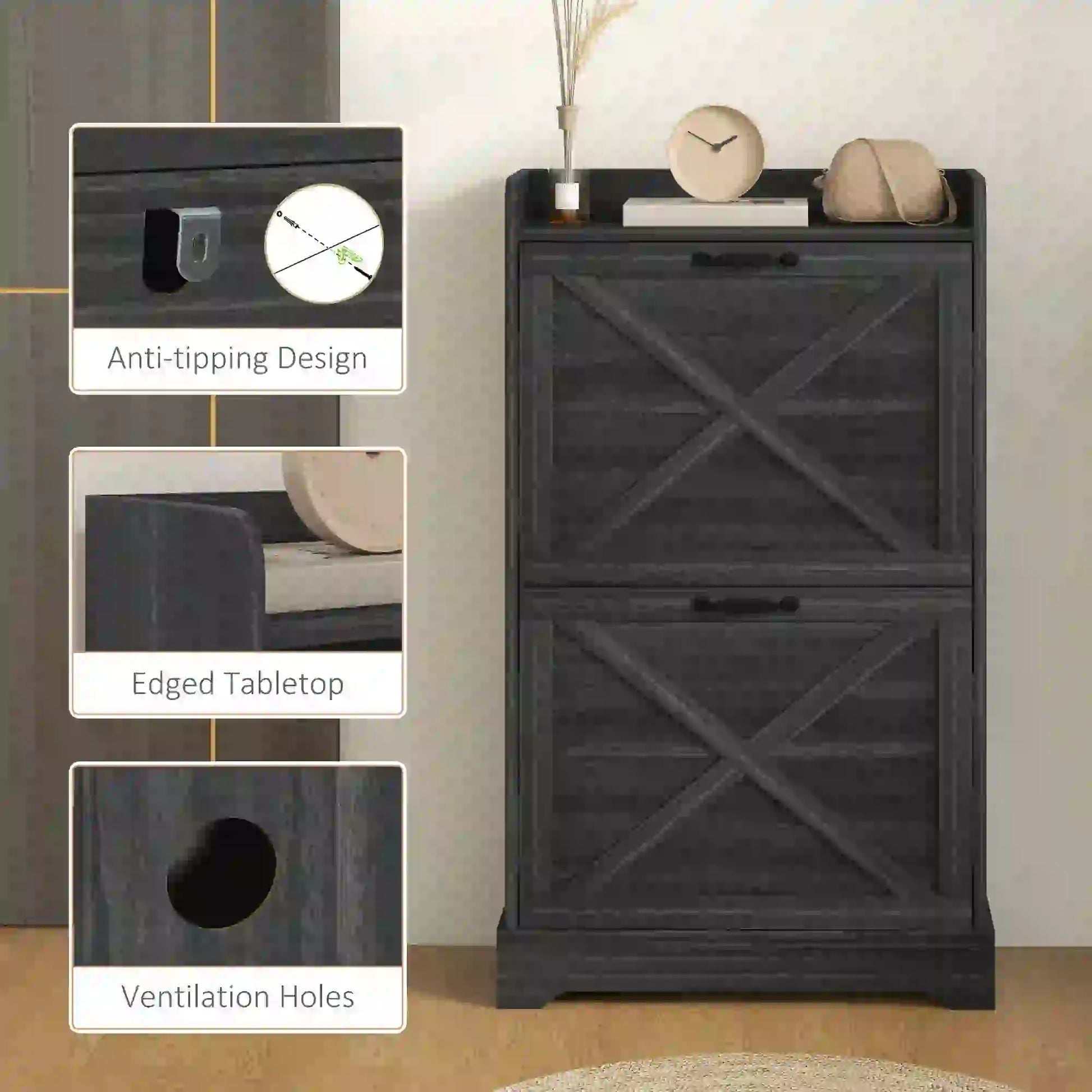 Slim Shoe Storage Cabinet, 2 Flip Drawers, Adjustable Shelves, Distressed, Grey Shoe Storage Cabinets & Racks at Gallery Canada