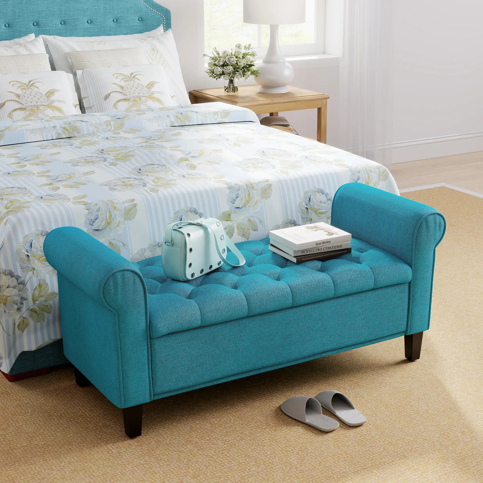 50 Inches Upholstered Storage Ottoman, Rolled Arms, Button Tufted, Teal Storage Ottomans & Benches at Gallery Canada
