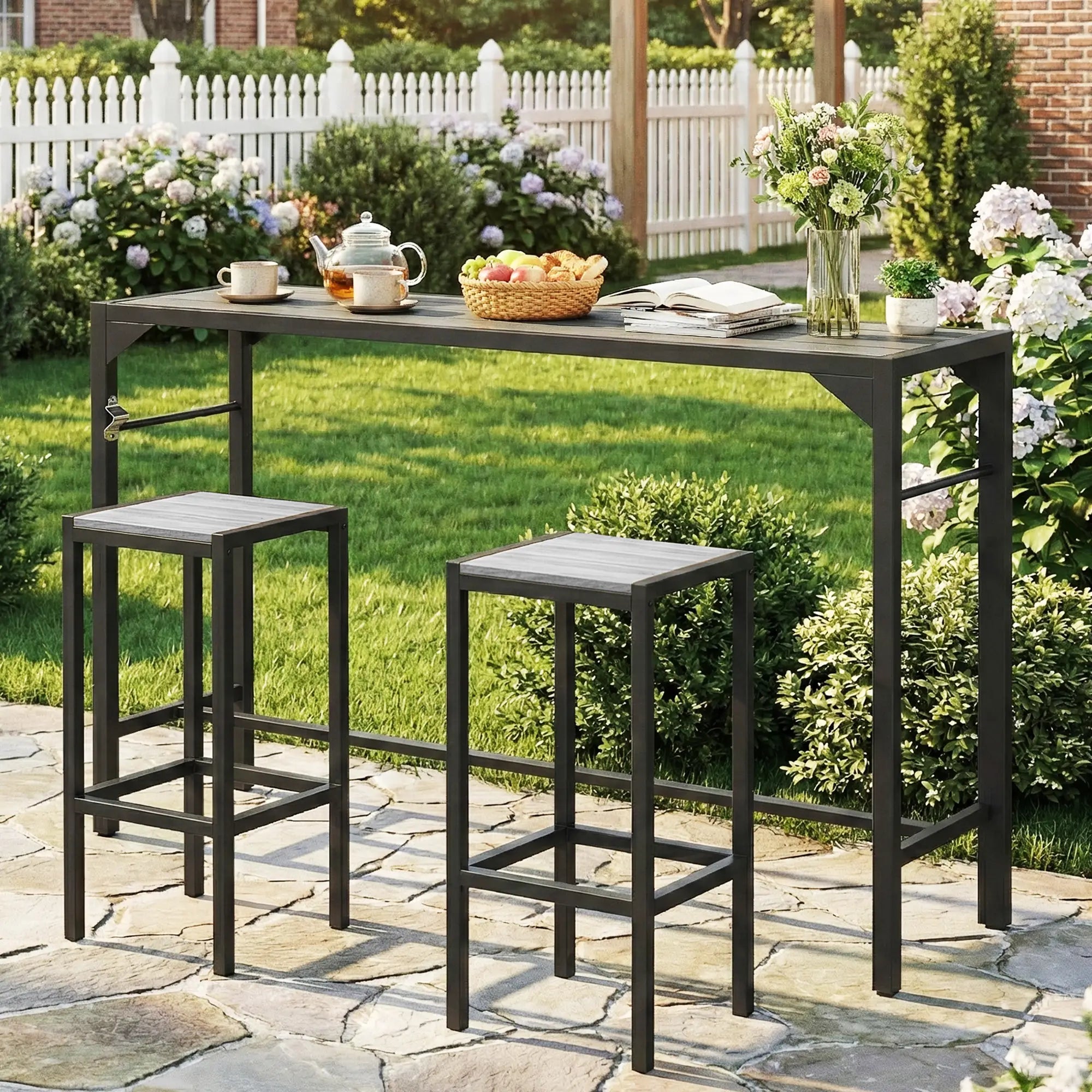 Outdoor Bar Table With Bottle Opener, Wood Grain Plastic Top, 55