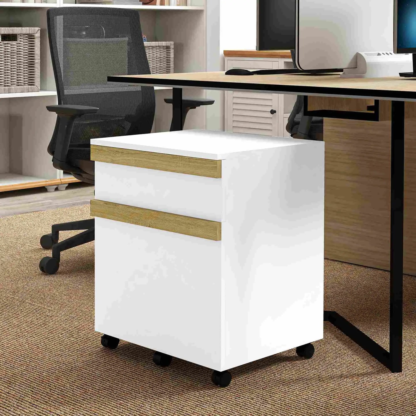 Mobile 2-Drawer Filing Cabinet, 5-Wheel Office Storage, Wood Grain, White Office Cabinets & Cupboards at Gallery Canada