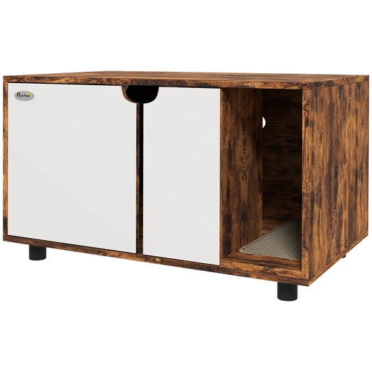 Hidden Cat Litter Box Enclosure, Double Doors, Sand Drain Pad, Rustic Brown Cat Litter Box Enclosures Rustic Brown, White at Gallery Canada