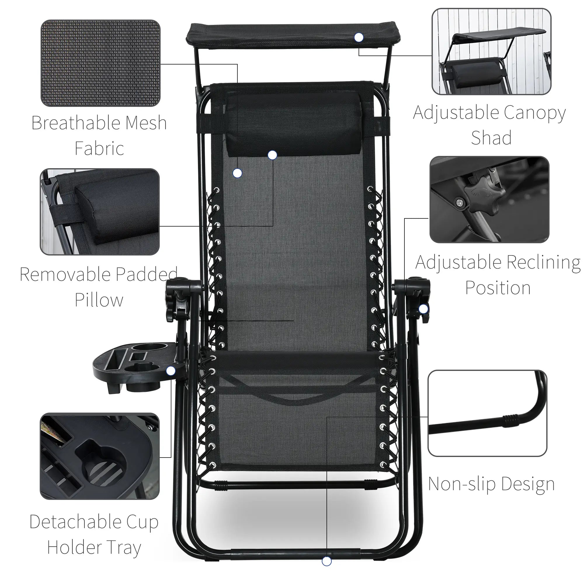 2 Piece Foldable Lounge Chair with Canopy Shade, Outdoor Zero Gravity Chair w/ Side Tray &; Cup Holder, Reclining Lounger w/ Breathable Mesh Fabric Seat, Pillow, Black Lounger Chairs at Gallery Canada