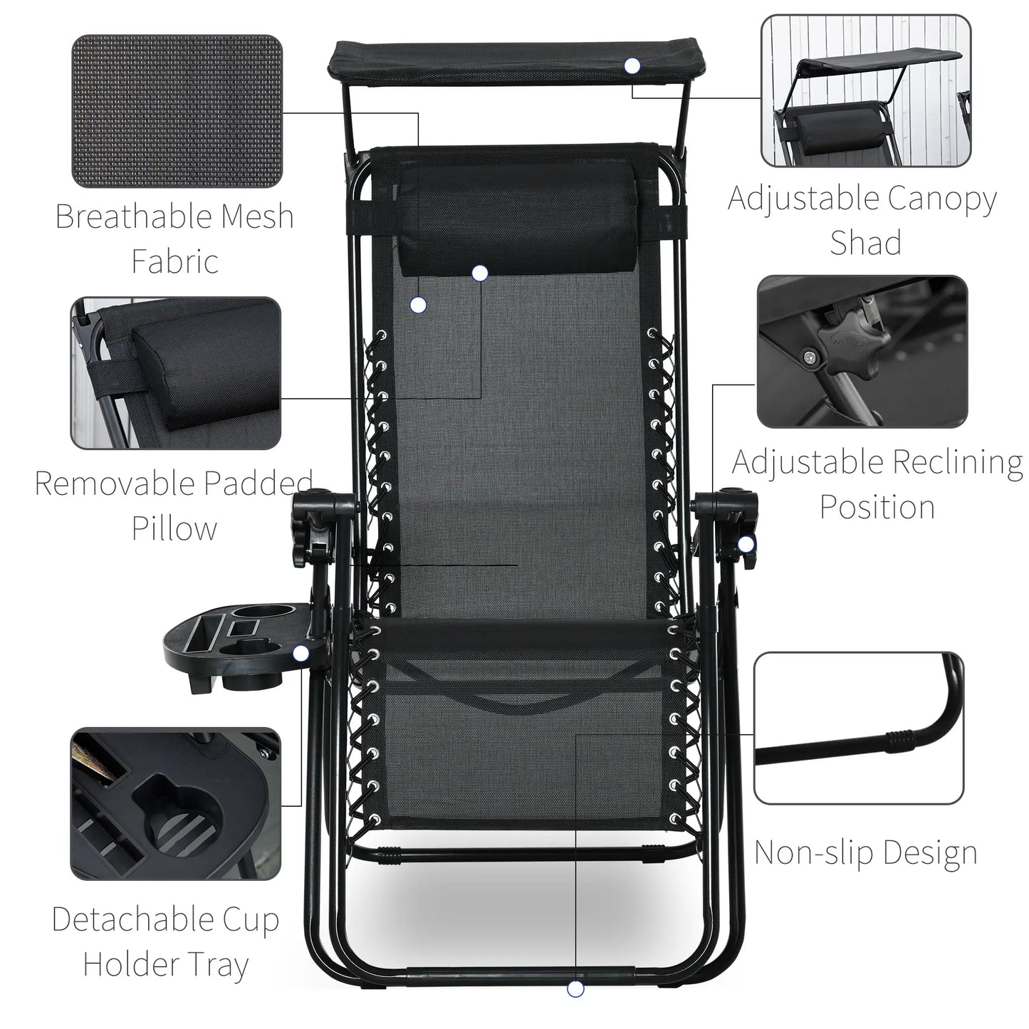 2 Piece Foldable Lounge Chair with Canopy Shade, Outdoor Zero Gravity Chair w/ Side Tray &; Cup Holder, Reclining Lounger w/ Breathable Mesh Fabric Seat, Pillow, Black Lounger Chairs at Gallery Canada