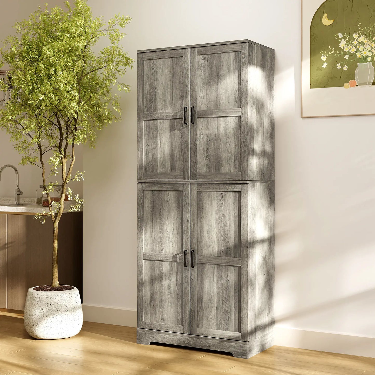 Farmhouse Kitchen Pantry Cabinet, Barn Doors, Adjustable Shelves, Distressed, Grey Storage Cabinets at Gallery Canada