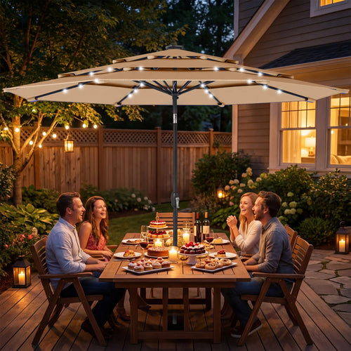 9.3 ft Patio Umbrella With Solar LED Lights, Cover, Tilt, Crank, Khaki