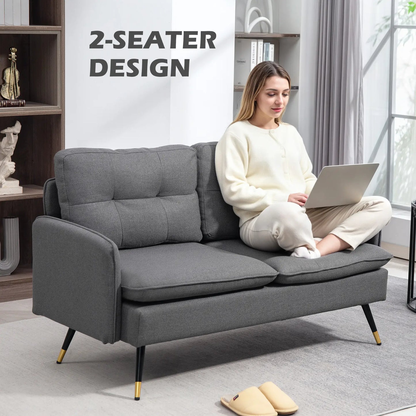 Modern 55" Loveseat, Fabric Sofa, Button Tufted Back, Steel Legs, Dark Grey 2-Seater Sofas at Gallery Canada