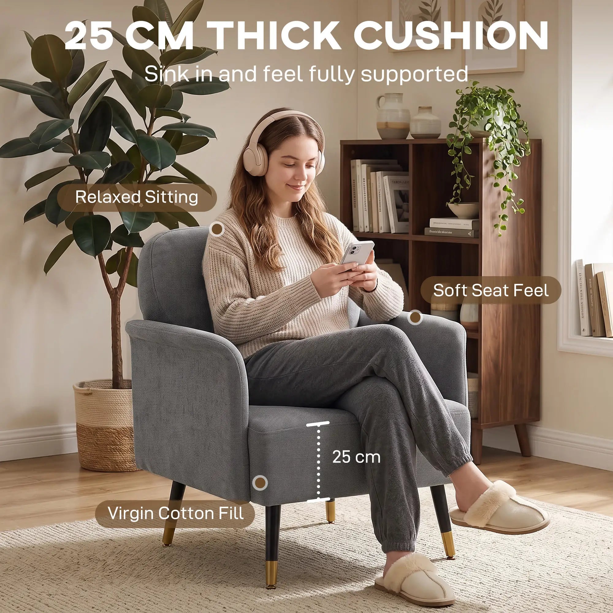 Modern Tufted Accent Chair, Metal Legs, Upholstered Reading Armchair, Grey Accent Chairs at Gallery Canada