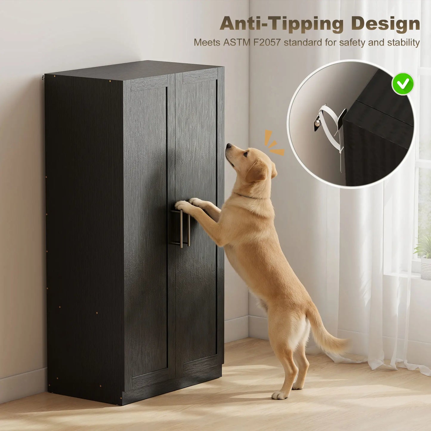 Modern Armoire Wardrobe Cabinet, 2 Doors With Hanging Rod, Black Wood Effect, Black