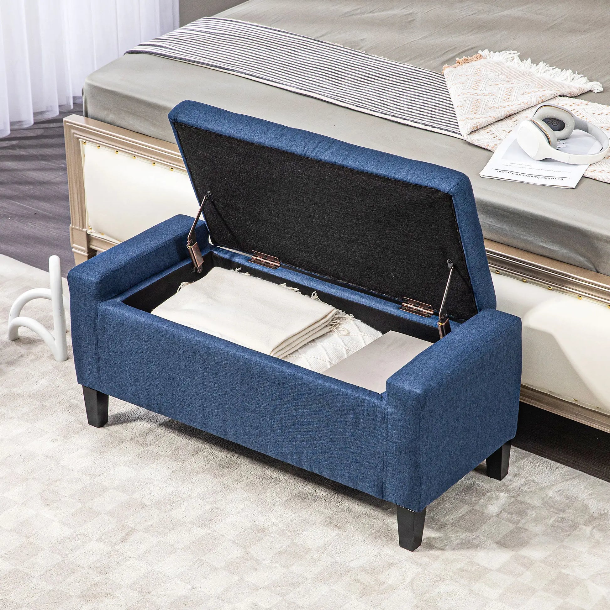 Storage Ottoman Bench, Linen Upholstered, Tufted, Dark Blue Storage Ottomans & Benches at Gallery Canada