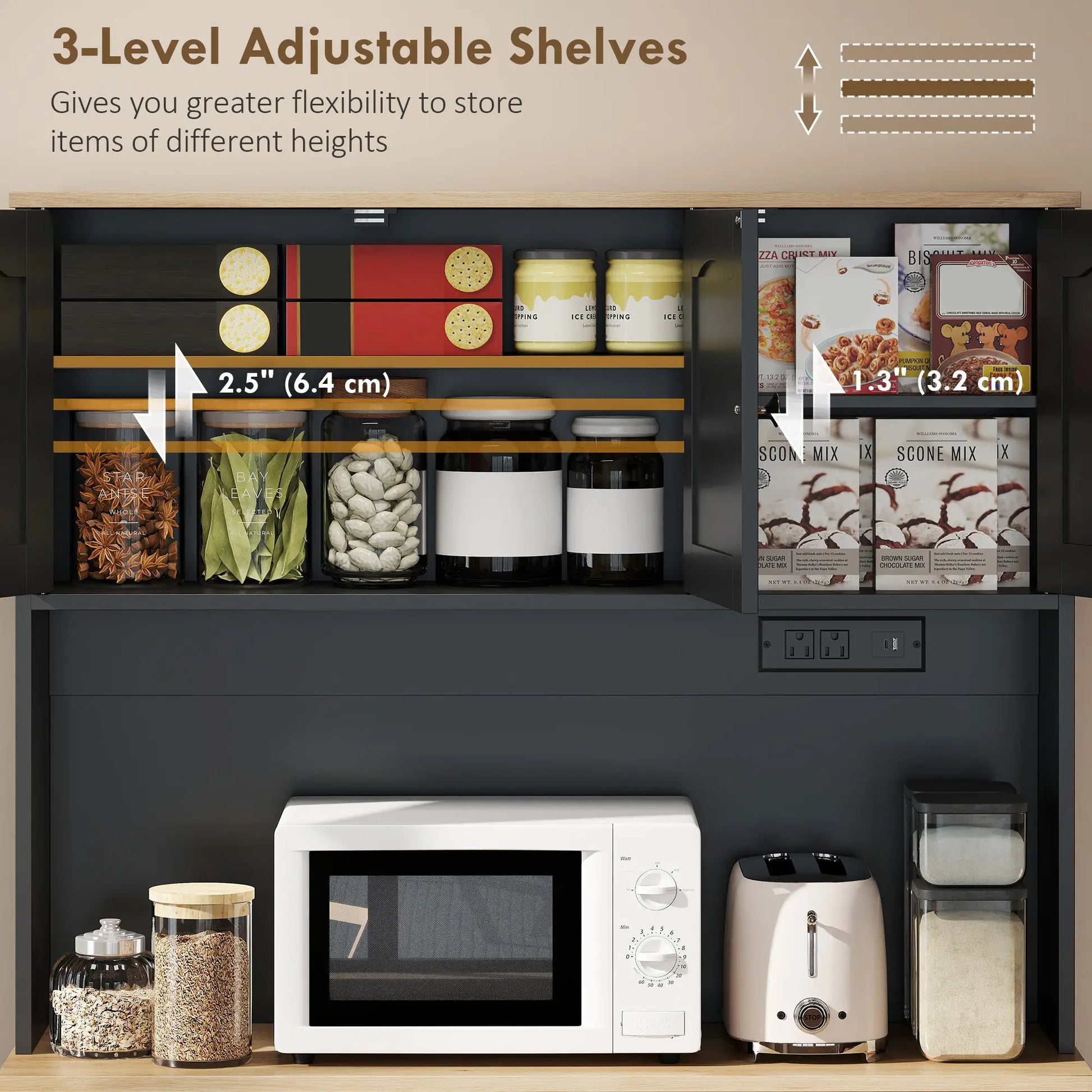 68 Inch Pantry Cabinet with Charging Station, Microwave Stand, Trash Can, Black Kitchen Pantry Cabinets at Gallery Canada