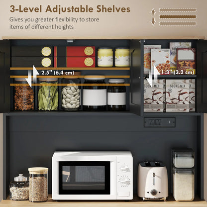 68 Inch Pantry Cabinet with Charging Station, Microwave Stand, Trash Can, Black Kitchen Pantry Cabinets at Gallery Canada