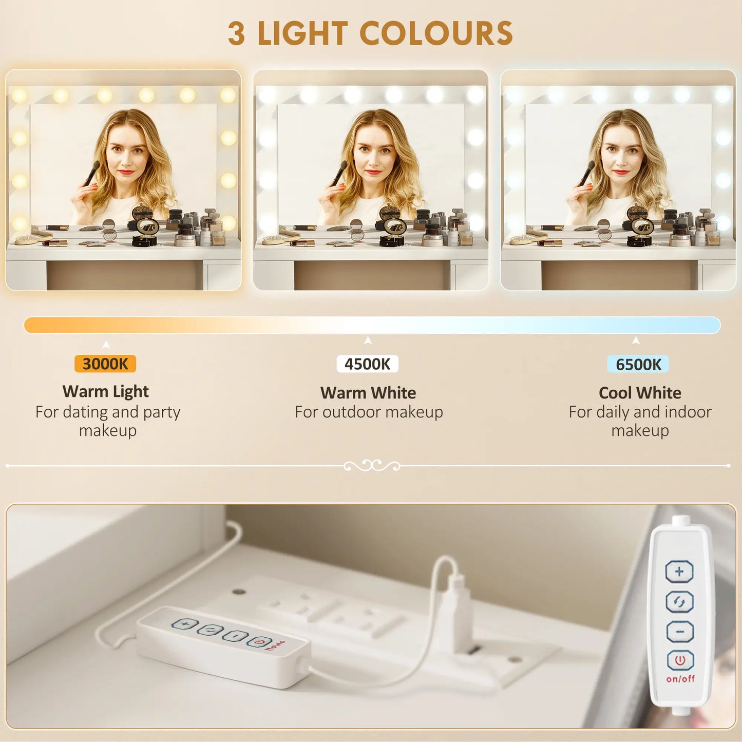 Vanity Desk with Mirror, LED Lights, Power Outlet, White Dressing & Vanity Tables at Gallery Canada