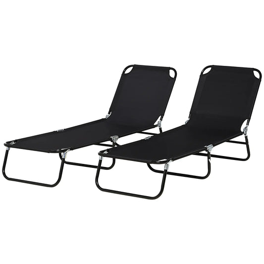 Set of 2 Folding Outdoor Lounge Chairs, Reclining Back, Breathable Mesh, Black Lounger Chairs Black Fabric, Black Frame at Gallery Canada