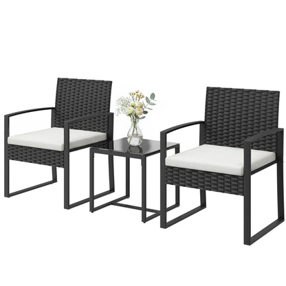 3 Piece Wicker Patio Set, Glass Top Table With Cushions, Cream White Bistro Sets Black, Cream White at Gallery Canada