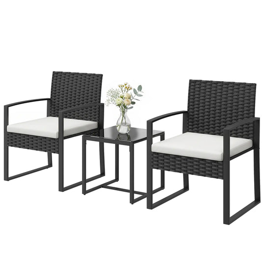 3 Piece Wicker Patio Set, Glass Top Table With Cushions, Cream White Bistro Sets Black, Cream White at Gallery Canada