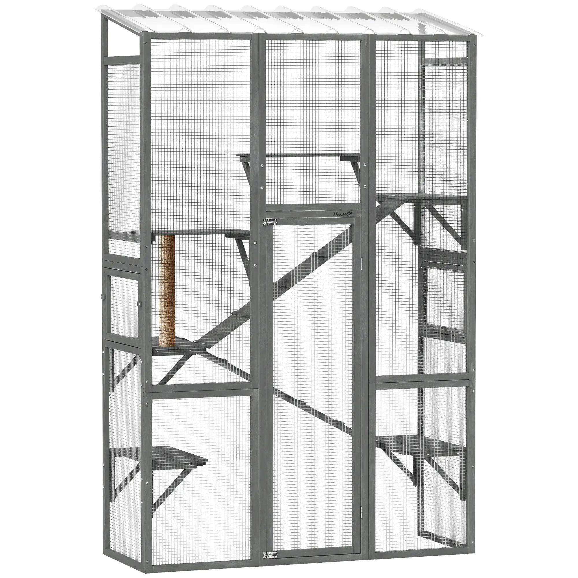 Wooden Catio Outdoor Cat Enclosure, 6 Jumping Platforms, Scratching Post, 2 Ramps, Waterproof Roof, Grey Outdoor Cat Enclosures at Gallery Canada