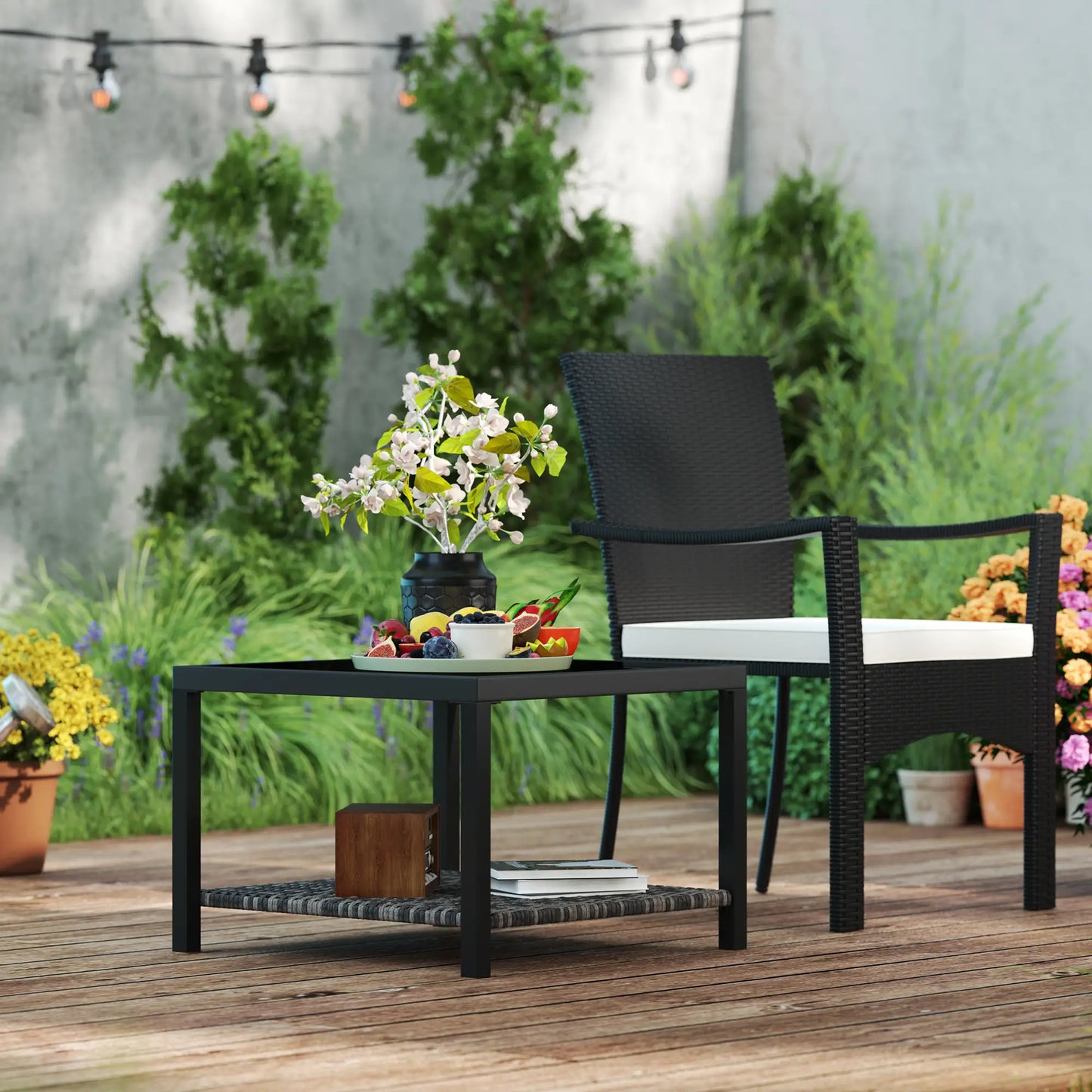 23.6" Rattan End Table, Outdoor Coffee Table, Tempered Glass Top, Black Patio Side Tables at Gallery Canada