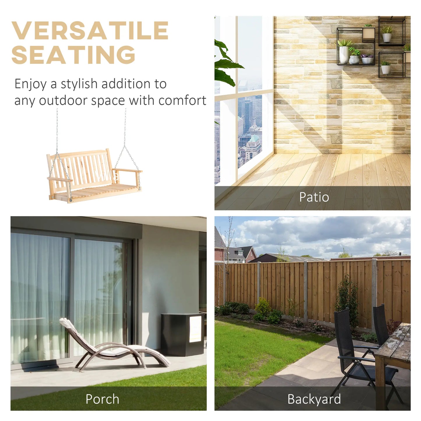 2-Person Porch Swing Bench, Adjustable Hanging Chains, Natural Hanging Porch Swings at Gallery Canada