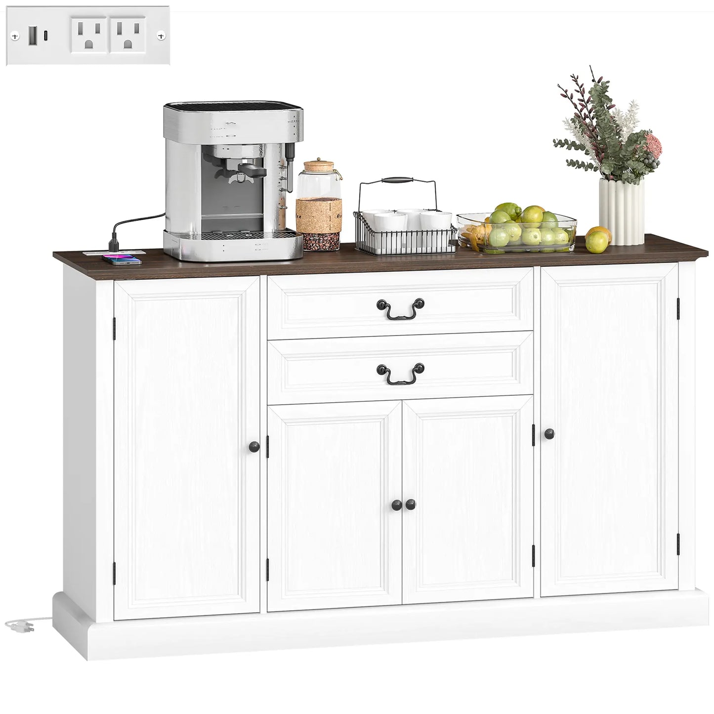 Farmhouse Sideboard with Charging Station, 58 Inch Buffet Cabinet, White Storage Cabinets at Gallery Canada
