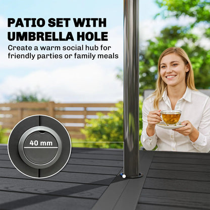 Outdoor Dining Set For 6, Faux Wood Metal Patio Table, Mesh Stackable Chairs, Mixed Grey