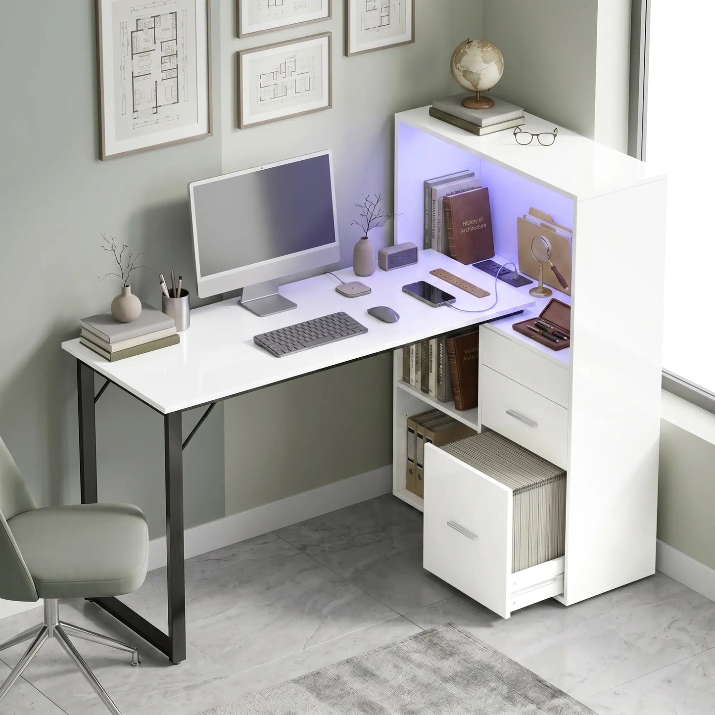 54" Computer Desk With Drawers, Power Outlets, LED Lights, White