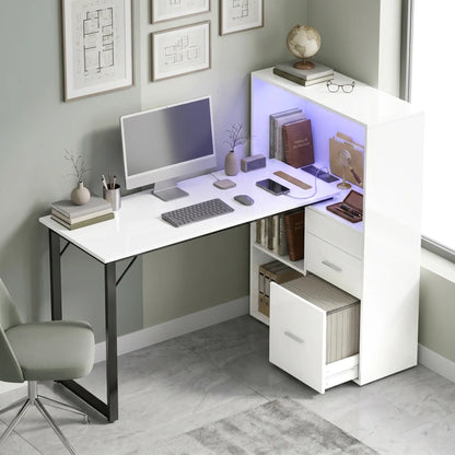 54" Computer Desk With Drawers, Power Outlets, LED Lights, White