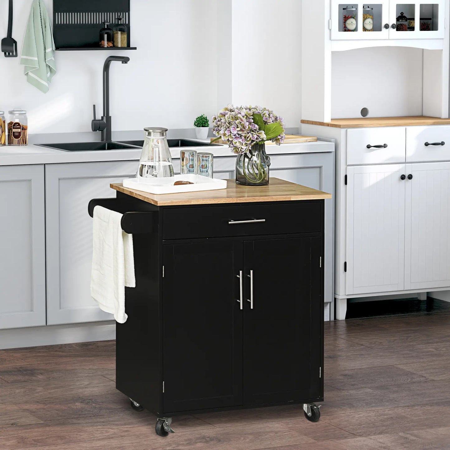 Rolling Kitchen Island Cart, Wood Top, Storage Drawer, Towel Bar, Shelves, Black Kitchen Islands & Kitchen Carts at Gallery Canada