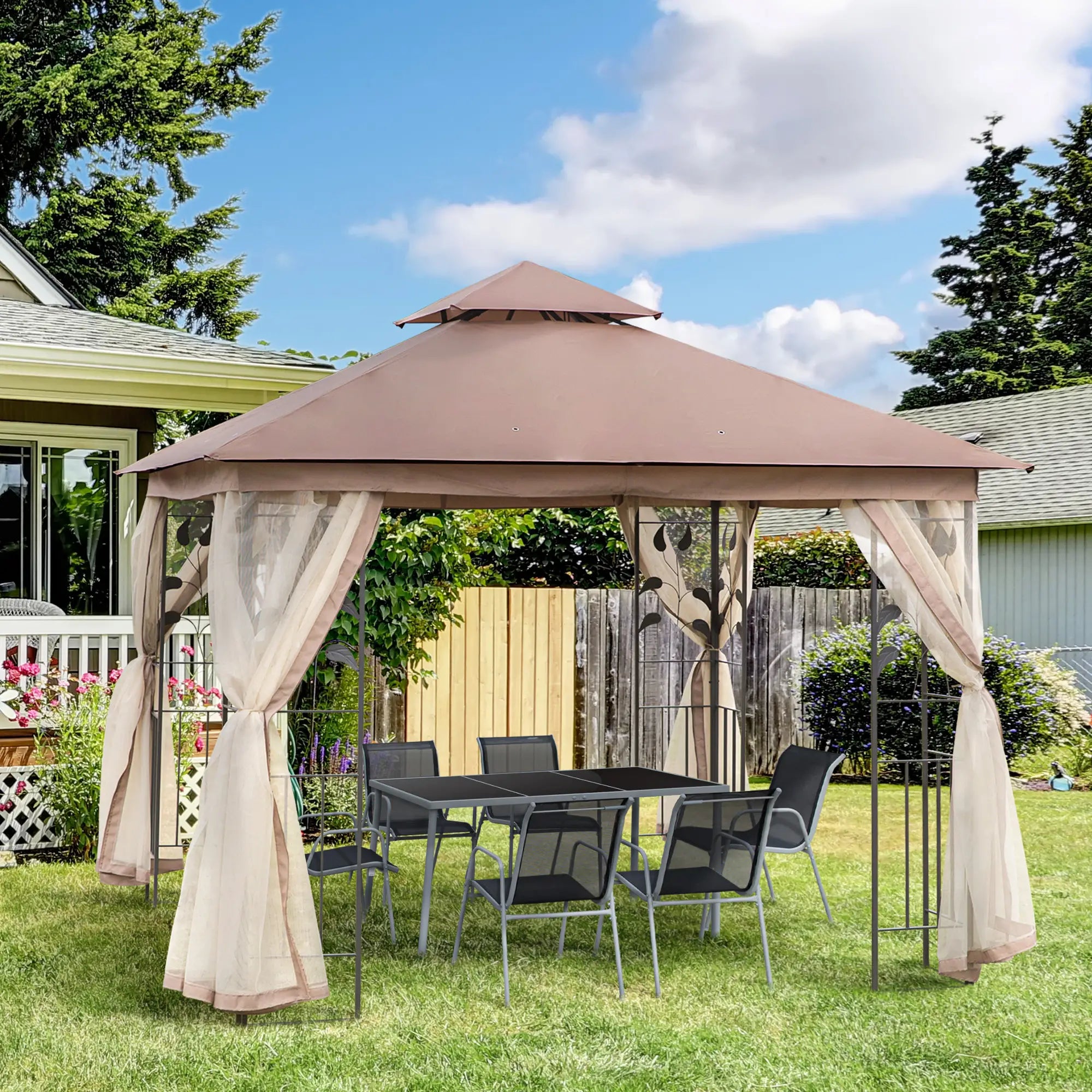 10'x10' Steel Patio Gazebo, Soft-Top, 2-Tier Roof, Brown Gazebos at Gallery Canada