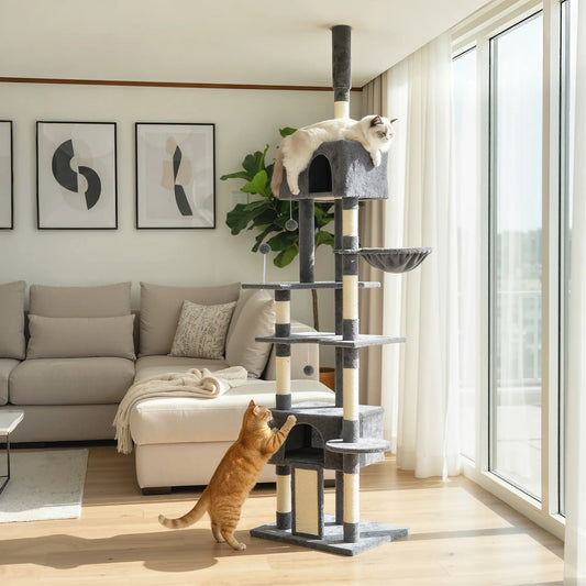 Floor To Ceiling Cat Tree, 230-250cm, 2 Condos, Hammock, Sisal Posts, Dark Grey