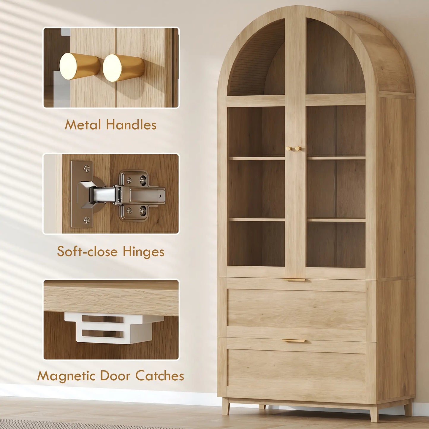 Arched Pantry Cabinet 71" Tall Oak, 2 Drawers, Oak