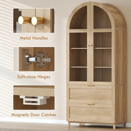 Arched Pantry Cabinet 71" Tall Oak, 2 Drawers, Oak