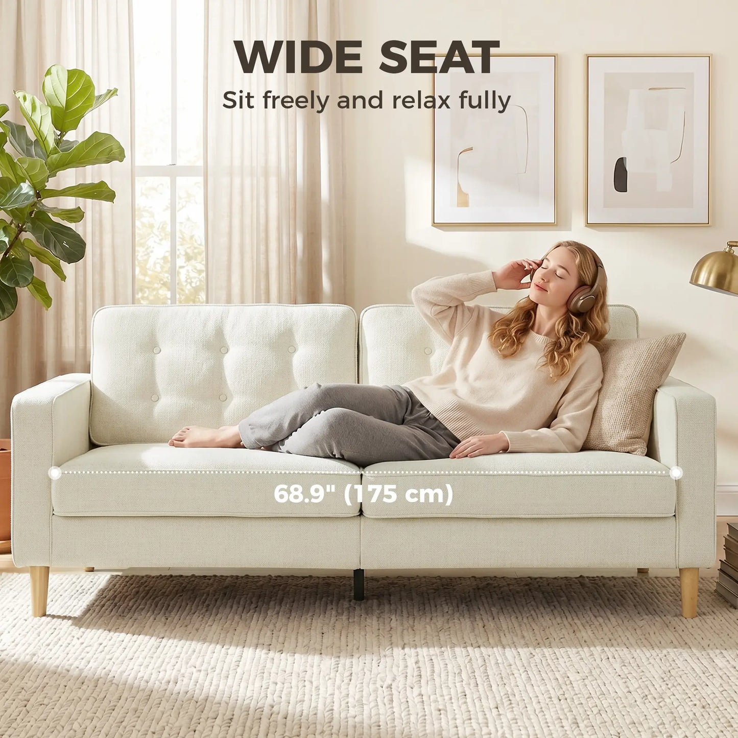 3 Seater Sofa Upholstered with Padded Cushion Modern Button Tufted Couch with Wood Legs, Cream White 3-Seater Sofas at Gallery Canada