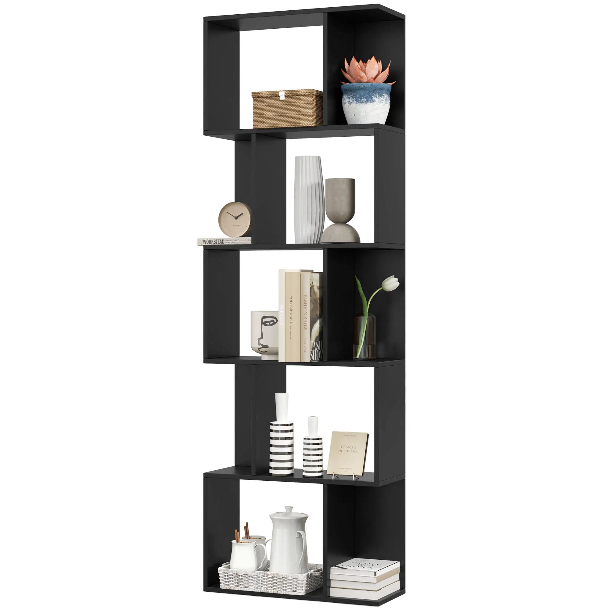 5-Tier Geometric Bookshelf, S Shaped Bookcase, Black Display Bookshelves Black at Gallery Canada