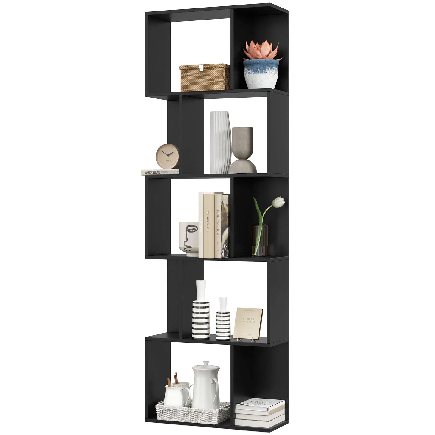 5-Tier Geometric Bookshelf, S Shaped Bookcase, Black Display Bookshelves Black at Gallery Canada