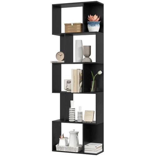 5-Tier Geometric Bookshelf, S Shaped Bookcase, Black
