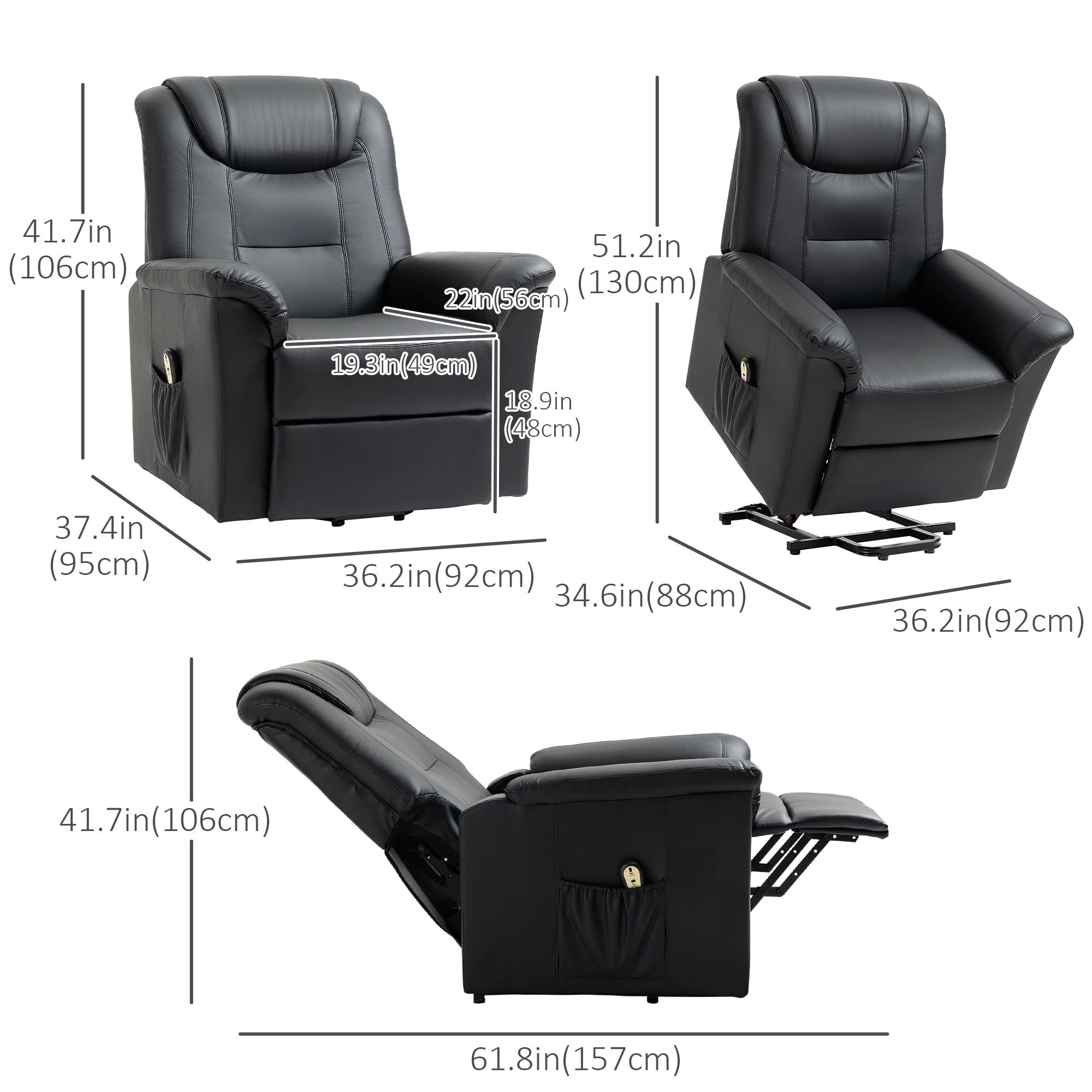 Electric Power Lift Recliner Chair, PU Leather with Footrest, Remote, Side Pockets, Black Electric Power Lift Chairs at Gallery Canada