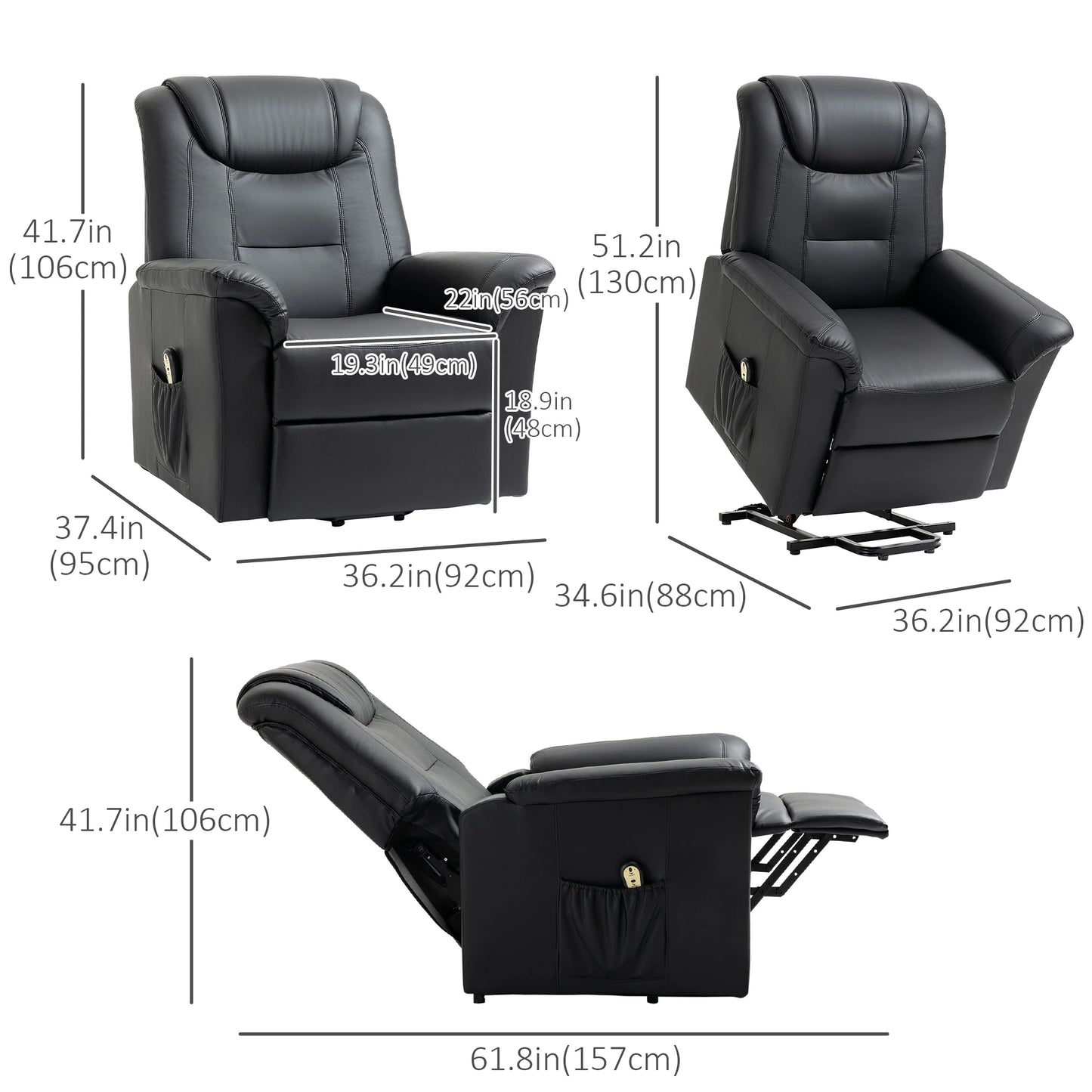 Electric Power Lift Recliner Chair, PU Leather with Footrest, Remote, Side Pockets, Black Electric Power Lift Chairs at Gallery Canada