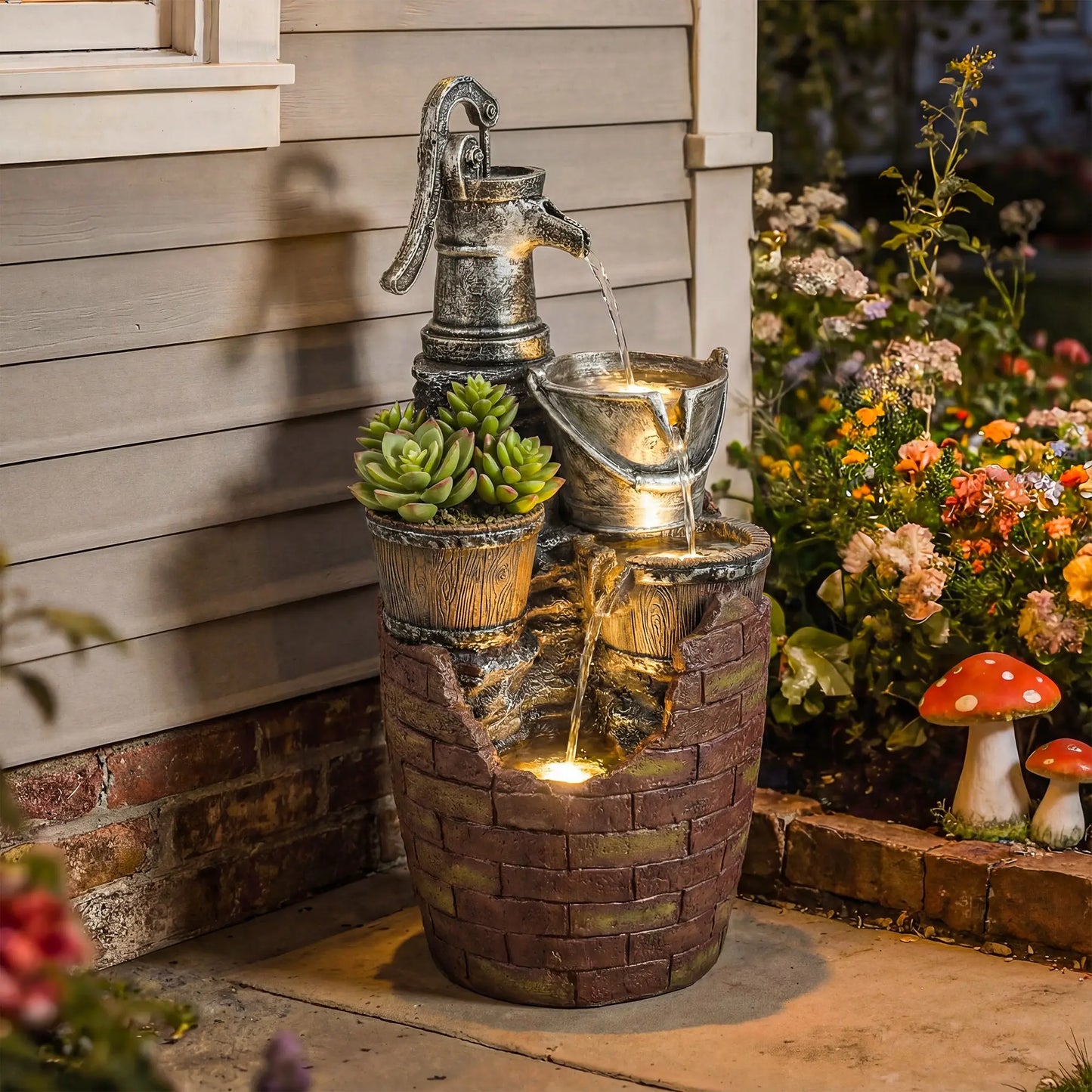 4-Tier Outdoor Fountain With Planter, Cascading Waterfall, LED Lights, Rustic Brown And Grey Water Fountains at Gallery Canada