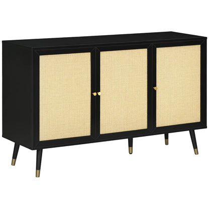 Kitchen Sideboard Cabinet, Boho Storage Cabinet with Shelves, Wood Legs, Decorative Rattan Doors, Black Bar Cabinets Black, Natural at Gallery Canada