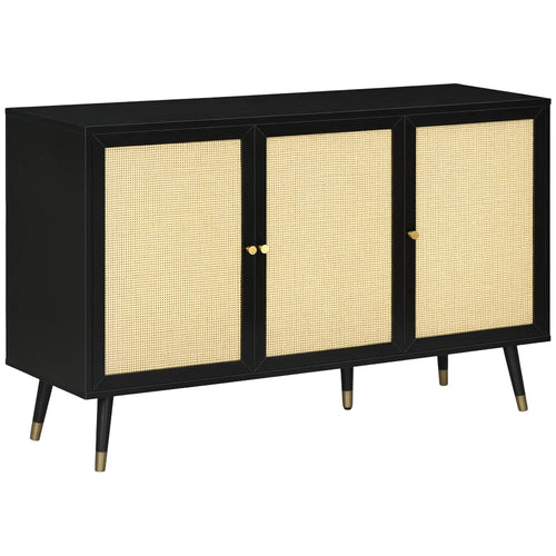 Kitchen Sideboard Cabinet, Boho Storage Cabinet with Shelves, Wood Legs, Decorative Rattan Doors, Black
