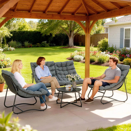 4 Piece Patio Furniture Set, Loveseat, Chairs, Round Metal Table, Cushions, Grey Patio Furniture Sets Grey, Black at Gallery Canada