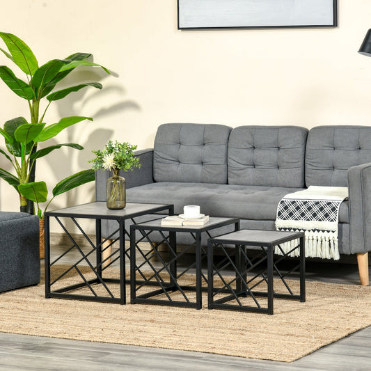 Nest of Tables Set of 3, Square Coffee Table Set with Metal Frame for Living Room, Bedroom, Grey - Gallery Canada
