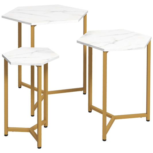 Nesting Tables Set of 3, Hexagon Side End Table with Marble Effect Top and Steel Legs for Living Room Bedroom, White and Gold - Gallery Canada