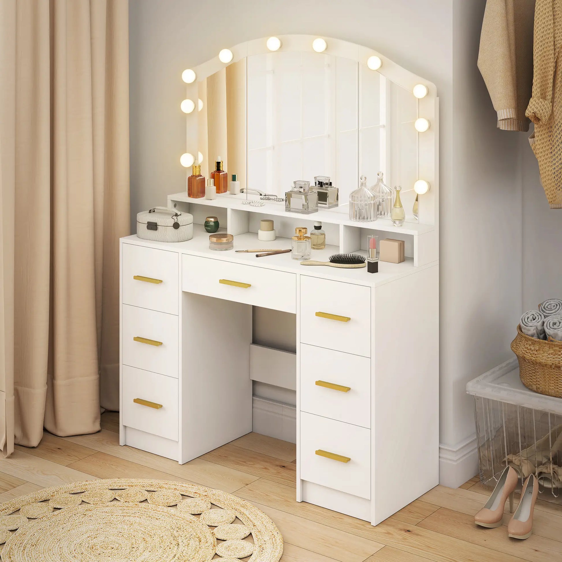 Makeup Vanity with Mirror, 10 LED Lights, 3 Color Adjustable, 7 Drawers, White Dressing & Vanity Tables at Gallery Canada
