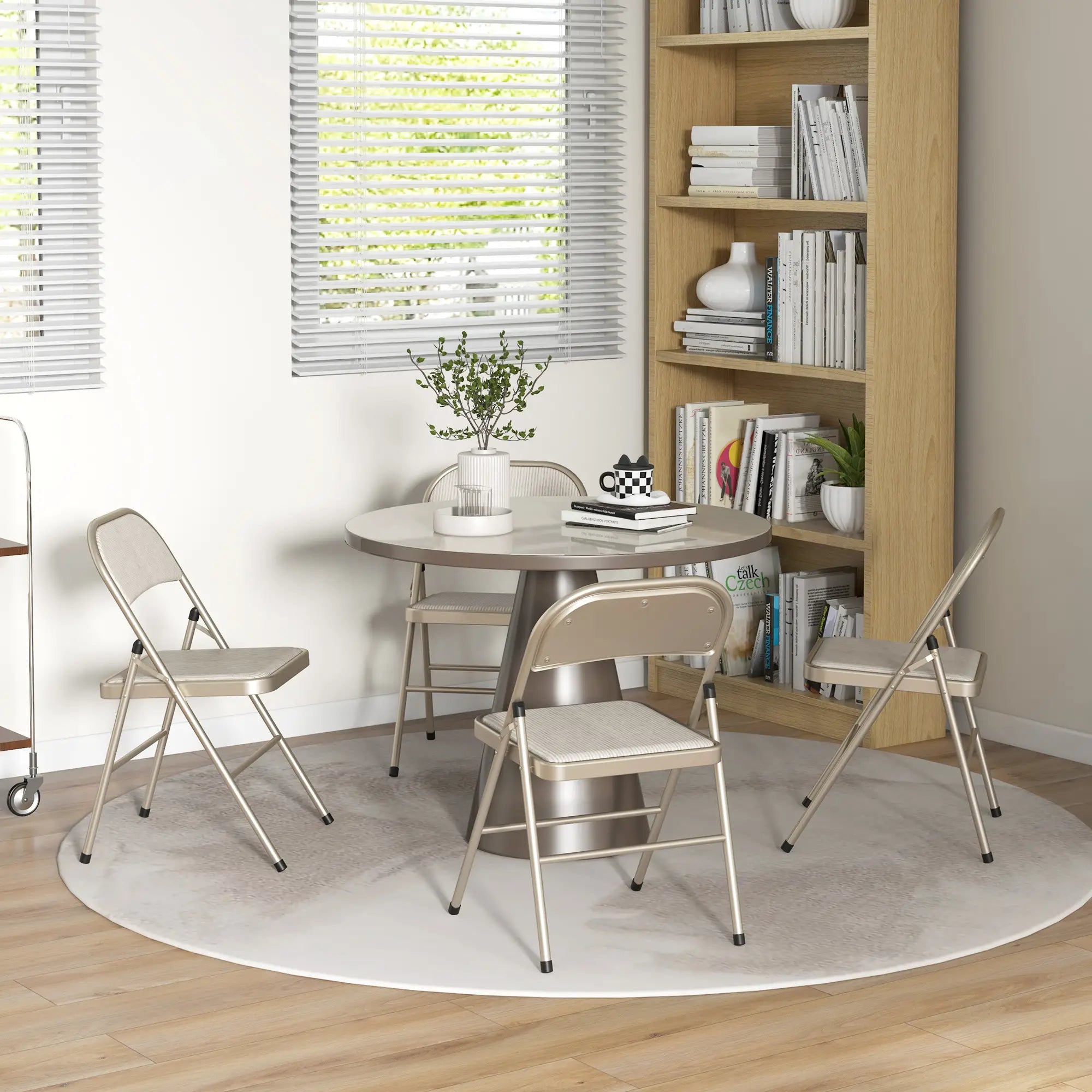 Set of 4 Metal Foldable Chairs, Linen Padded with Cushion Seat, Beige Dining Chairs at Gallery Canada