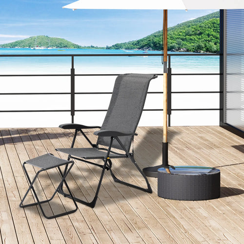 Outdoor Lounge Chair, Recliner with Footrest, Storage Pocket, Black Grey