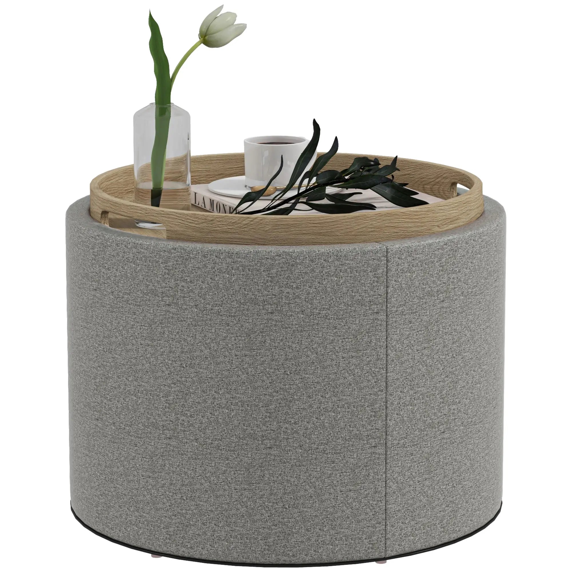 Round Coffee Table, Hidden Storage, Tray Top, Upholstered Footrest, Linen Coffee Tables Grey at Gallery Canada