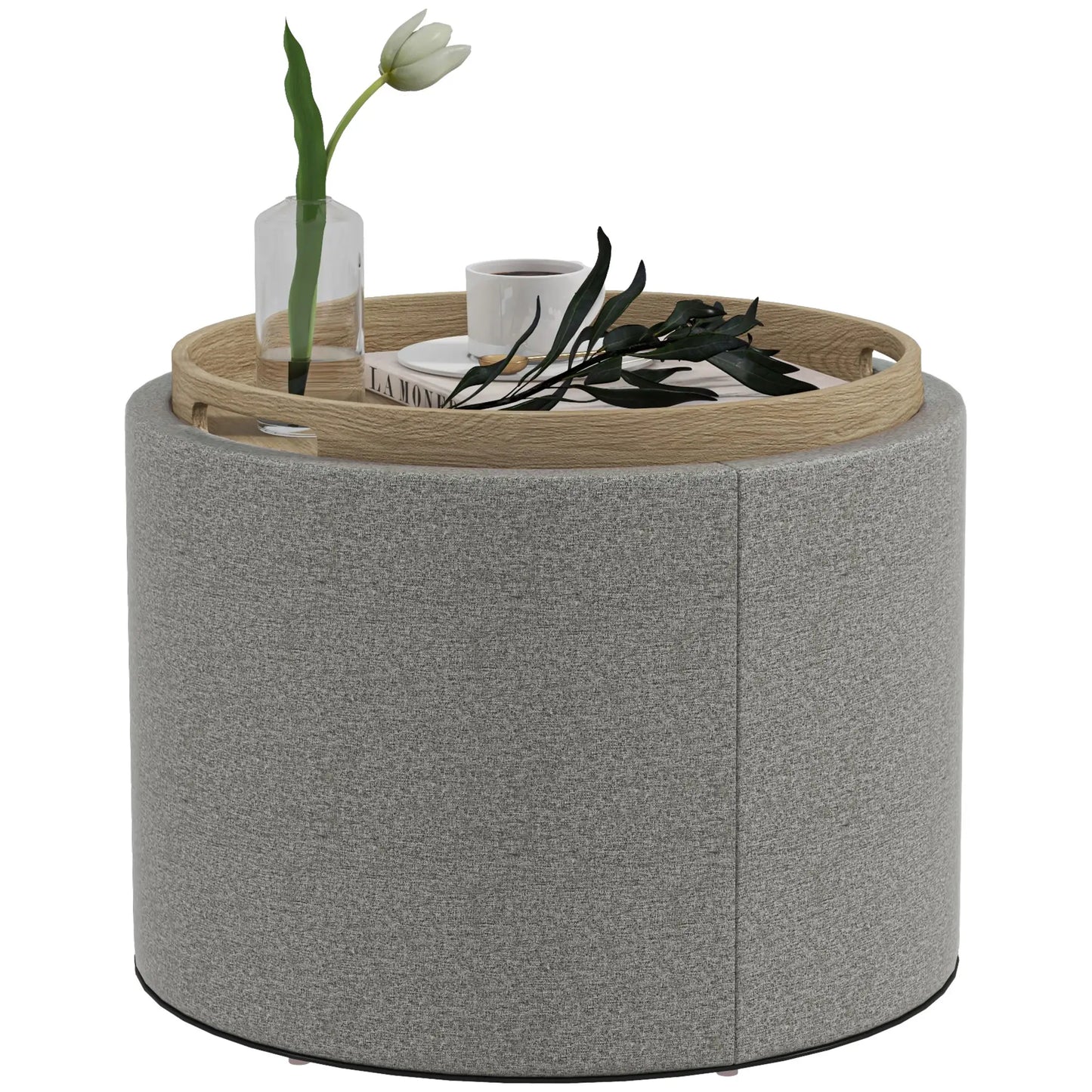 Round Coffee Table, Hidden Storage, Tray Top, Upholstered Footrest, Linen Coffee Tables Grey at Gallery Canada