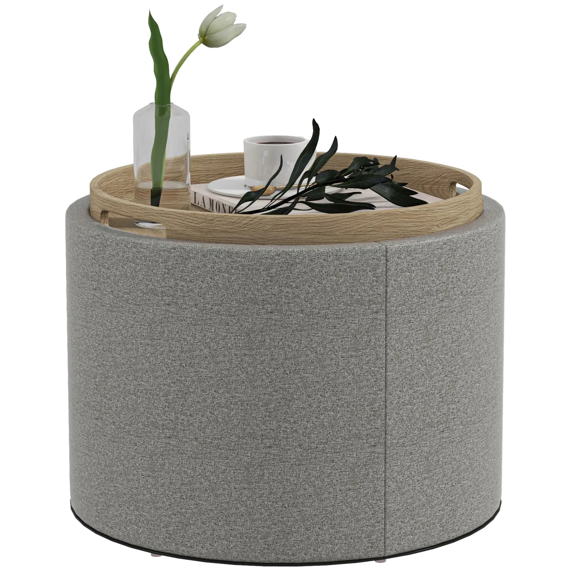 Round Coffee Table, Hidden Storage, Tray Top, Upholstered Footrest, Linen Coffee Tables Grey at Gallery Canada